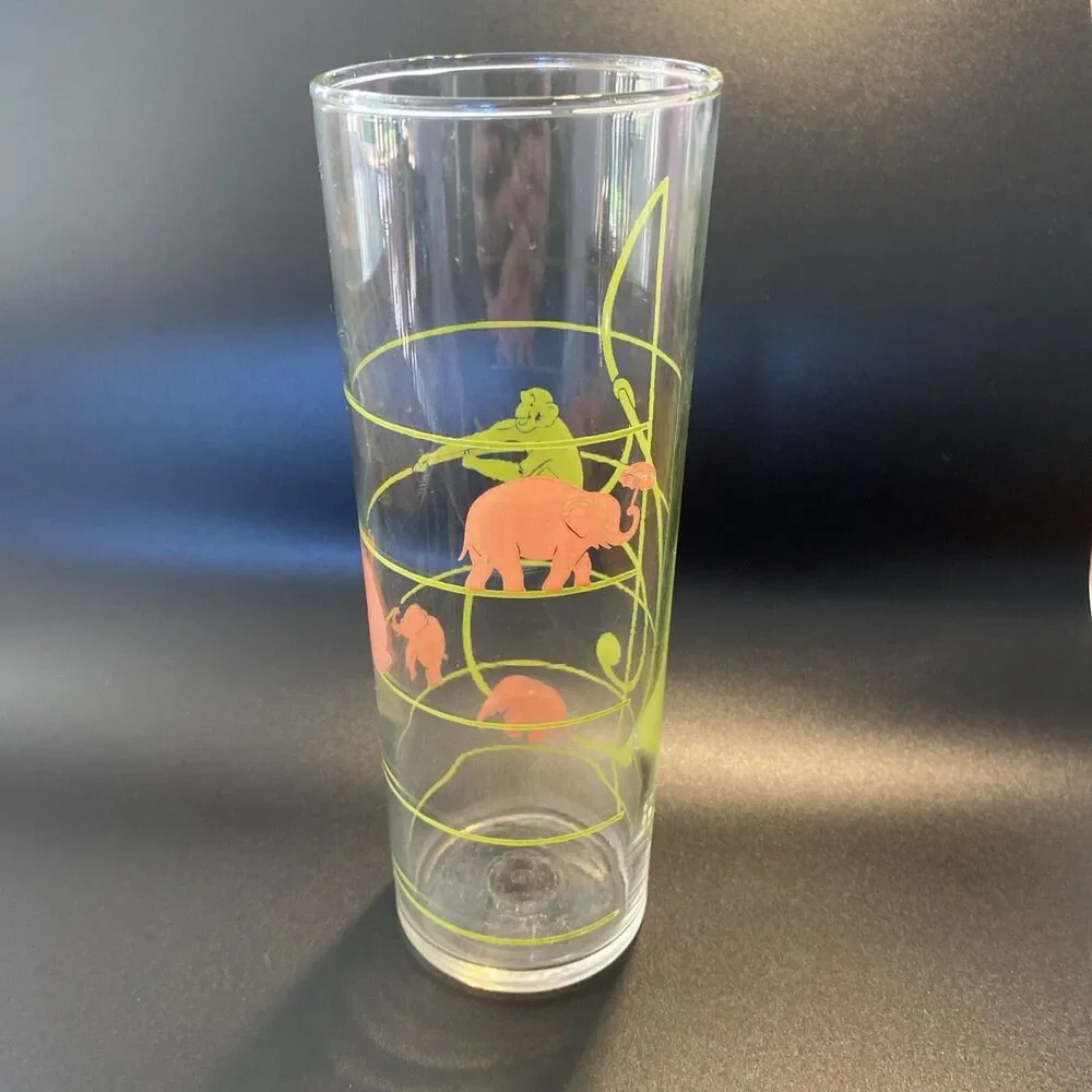Vintage MCM Federal Glass Pink Elephant & Monkey Musical Notes Highball Glass